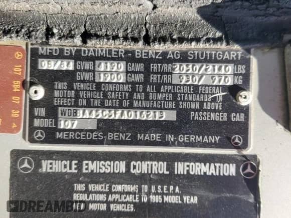 1985 Mercedes-Benz SL с VIN WDBBA45C5FA016213, выставлен на аукционе Copart как лот 71033114 с пробегом 219 276 миль миль и Чистый • Clean title. История ставок и продаж доступна на DreamBid. Изображение 12.