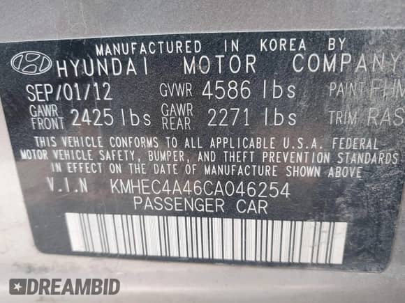 2012 Hyundai Sonata Hybrid with VIN KMHEC4A46CA046254, listed as a IAAI auction lot 43132500 with 179,993 mi miles and . Bid and sale history available at DreamBid. Image 9.