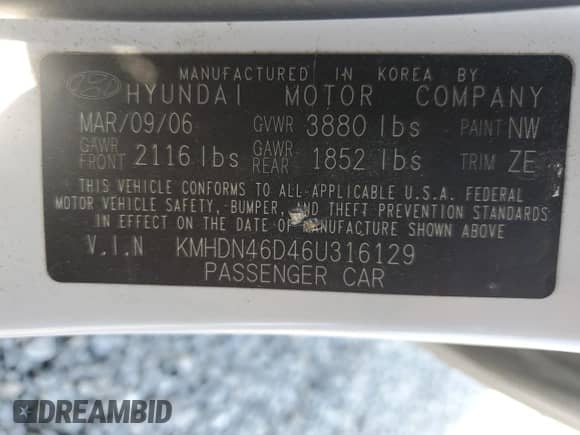 2006 Hyundai Elantra GLS с VIN KMHDN46D46U316129, выставлен на аукционе Copart как лот 64037434 с пробегом 102 404 миль миль и Списание • Salvage title. История ставок и продаж доступна на DreamBid. Изображение 14.