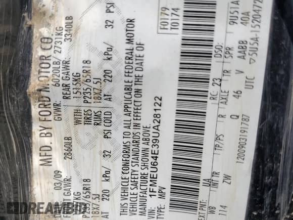 2009 Ford Explorer Eddie Bauer с VIN 1FMEU64E39UA28122, выставлен на аукционе Copart как лот 48252285 с пробегом 183 032 миль миль и Чистый • Clean title. История ставок и продаж доступна на DreamBid. Изображение 15.