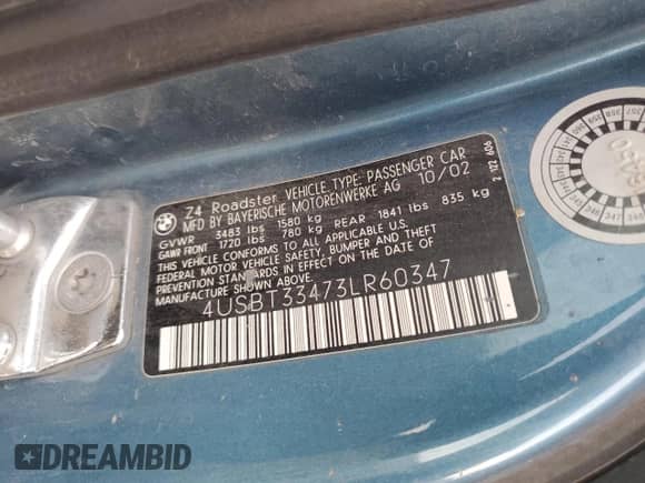 2003 BMW Z4 2.5i with VIN 4USBT33473LR60347, listed as a Copart auction lot 68012065 with 200,019 mi miles and Salvage title. Bid and sale history available at DreamBid. Image 12.