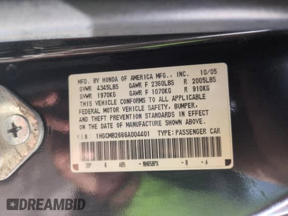 2006 Honda Accord EX-L with VIN 1HGCM82666A004401, listed as a Copart auction lot 56660075 with 175,484 mi miles and Salvage title. Bid and sale history available at DreamBid. Image 13.