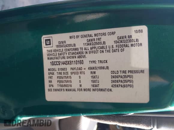 1999 Chevrolet S-10 LS Xtreme with VIN 1GCCS1443X8110160, listed as a IAAI auction lot 43120347 with 230,976 mi miles and . Bid and sale history available at DreamBid. Image 9.