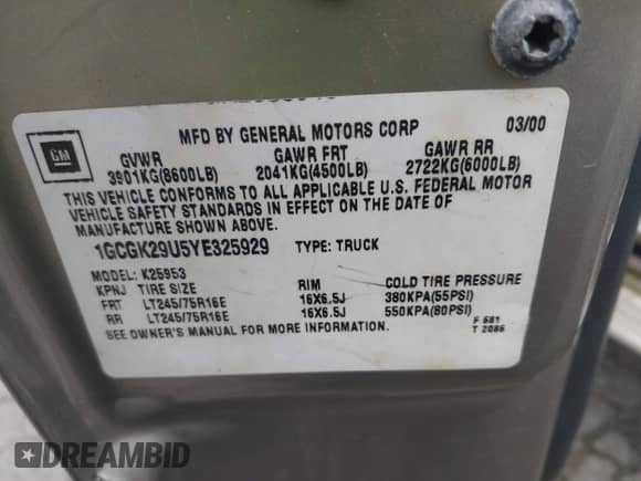 2000 Chevrolet Silverado 2500 LS с VIN 1GCGK29U5YE325929, выставлен на аукционе IAAI как лот 43541532 с пробегом 189 182 миль миль и . История ставок и продаж доступна на DreamBid. Изображение 9.