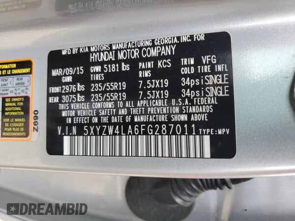 2015 Hyundai Santa Fe with VIN 5XYZW4LA6FG287011, listed as a Copart auction lot 68903285 with 97,192 mi miles and Salvage title. Bid and sale history available at DreamBid. Image 13.