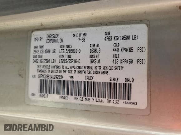 1998 Dodge 3500 с VIN 1B7MC3361WJ242194, выставлен на аукционе Copart как лот 78511124 с пробегом 448 321 миль миль и Списание • Salvage title. История ставок и продаж доступна на DreamBid. Изображение 13.