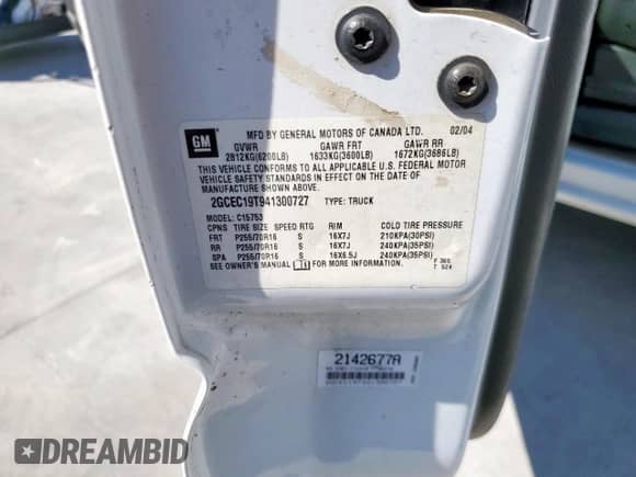 2004 Chevrolet Silverado 1500 LS z VIN 2GCEC19T941300727, wystawiony jako Copart lot #85302805 z przebiegiem Nie podano mil oraz Szkoda całkowita • Salvage title. Historia ofert i sprzedaży dostępna na DreamBid. Obrazek 12.