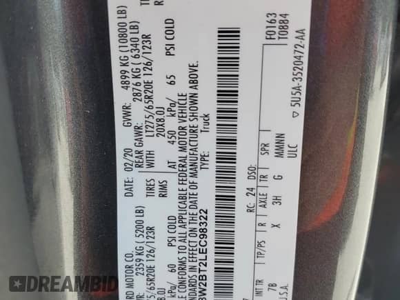 2020 Ford F-250 XL с VIN 1FT8W2BT2LEC98322, выставлен на аукционе Copart как лот 84047955 с пробегом 139 117 миль миль и На запчасти • Non repairable. История ставок и продаж доступна на DreamBid. Изображение 12.