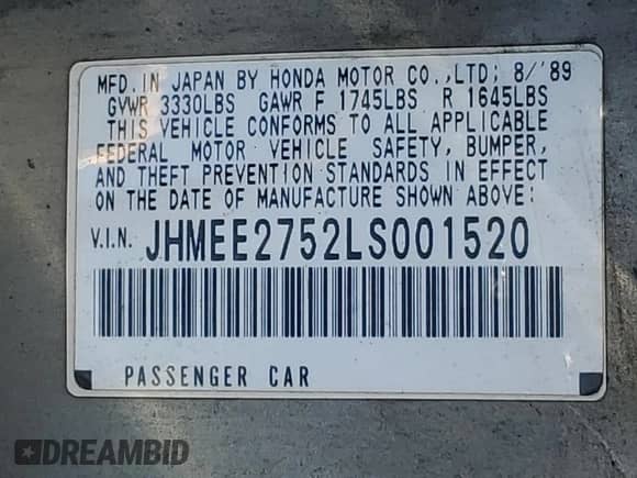1990 Honda Civic with VIN JHMEE2752LS001520, listed as a Copart auction lot 50095545 with 456,252 mi miles and Salvage title. Bid and sale history available at DreamBid. Image 12.