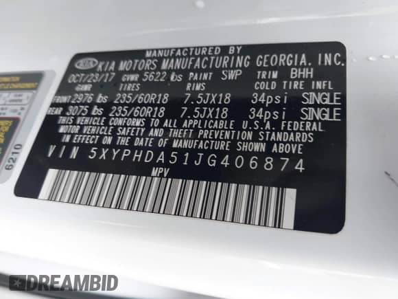 2018 Kia Sorento EX with VIN 5XYPHDA51JG406874, listed as a IAAI auction lot 43167591 with 65,278 mi miles and . Bid and sale history available at DreamBid. Image 9.