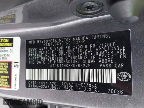 2019 Toyota Camry SE z VIN 4T1B11HK8KU763229, wystawiony jako IAAI lot #43320855 z przebiegiem 99 256 mil mil oraz . Historia ofert i sprzedaży dostępna na DreamBid. Obrazek 9.