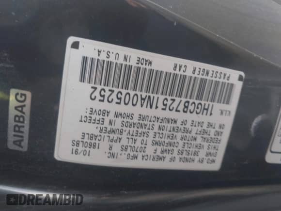 1992 Honda Accord with VIN 1HGCB7251NA005252, listed as a IAAI auction lot 42555980 with 231,601 mi miles and . Bid and sale history available at DreamBid. Image 9.