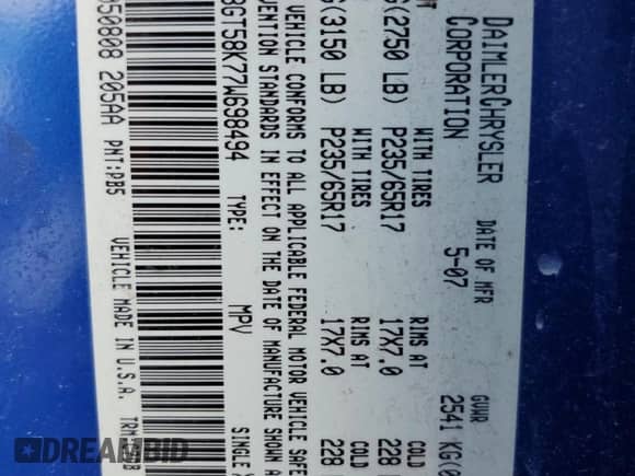 2007 Dodge Nitro SLT with VIN 1D8GT58K77W698494, listed as a Copart auction lot 63555875 with 242,141 mi miles and Salvage title. Bid and sale history available at DreamBid. Image 13.