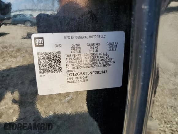 2022 Chevrolet Malibu RS с VIN 1G1ZG5ST5NF201347, выставлен на аукционе Copart как лот 66848375 с пробегом 70 047 миль миль и Списание • Salvage title. История ставок и продаж доступна на DreamBid. Изображение 12.