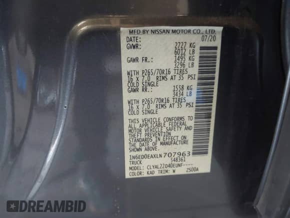 2020 Nissan Frontier SV with VIN 1N6ED0EAXLN707963, listed as a IAAI auction lot 43154106 with 54,141 mi miles and . Bid and sale history available at DreamBid. Image 9.