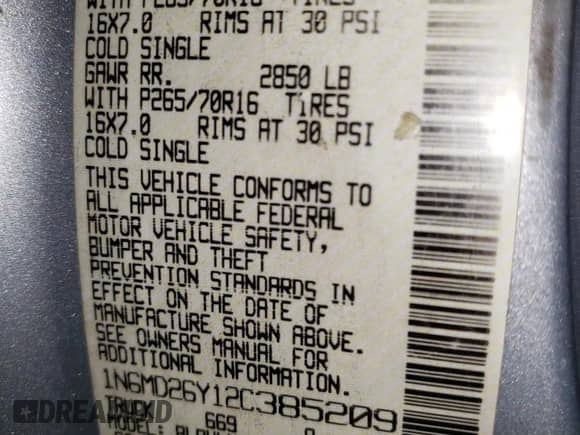 2002 Nissan Frontier SVE с VIN 1N6MD26Y12C385209, выставлен на аукционе Copart как лот 59055125 с пробегом Не указан миль и Списание • Salvage title. История ставок и продаж доступна на DreamBid. Изображение 12.