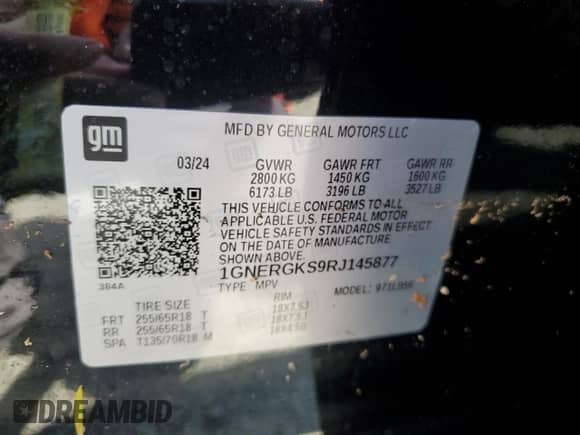 2024 Chevrolet Traverse FWD LT with VIN 1GNERGKS9RJ145877, listed as a Copart auction lot 73822284 with Not provided miles and Non repairable. Bid and sale history available at DreamBid. Image 14.