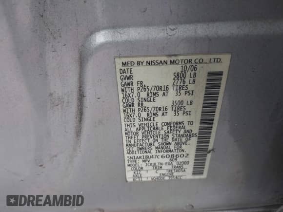 2007 Nissan Pathfinder S with VIN 5N1AR18U47C608602, listed as a IAAI auction lot 42489297 with 143,477 mi miles and . Bid and sale history available at DreamBid. Image 9.