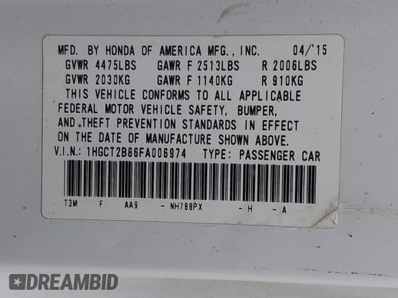 2015 Honda Accord EX-L z VIN 1HGCT2B86FA006974, wystawiony jako IAAI lot #38095128 z przebiegiem 127 697 mil mil oraz . Historia ofert i sprzedaży dostępna na DreamBid. Obrazek 9.