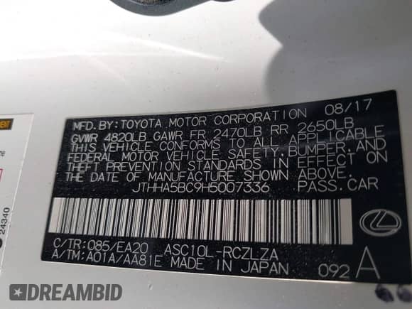 2017 Lexus RC 200t с VIN JTHHA5BC9H5007336, выставлен на аукционе IAAI как лот 43187383 с пробегом Не указан миль и . История ставок и продаж доступна на DreamBid. Изображение 9.