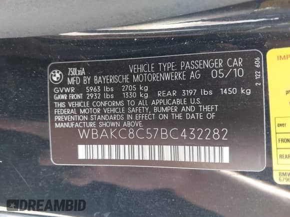 2011 BMW 7 Series 750Li xDrive с VIN WBAKC8C57BC432282, выставлен на аукционе IAAI как лот 42897574 с пробегом 67 855 миль миль и . История ставок и продаж доступна на DreamBid. Изображение 9.
