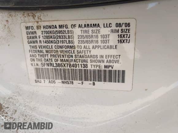2007 Honda Odyssey EX-L с VIN 5FNRL386X7B401138, выставлен на аукционе IAAI как лот 43218745 с пробегом 224 911 миль миль и . История ставок и продаж доступна на DreamBid. Изображение 9.