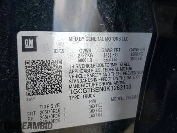 2019 Chevrolet Colorado 4WD Work Truck with VIN 1GCGTBEN0K1263110, listed as a Copart auction lot 55822045 with 69,584 mi miles and Clean title. Bid and sale history available at DreamBid. Image 12.
