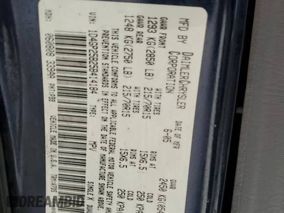 2005 Dodge Caravan SE with VIN 1D4GP25B25B414184, listed as a Copart auction lot 55027705 with 156,563 mi miles and Salvage title. Bid and sale history available at DreamBid. Image 13.