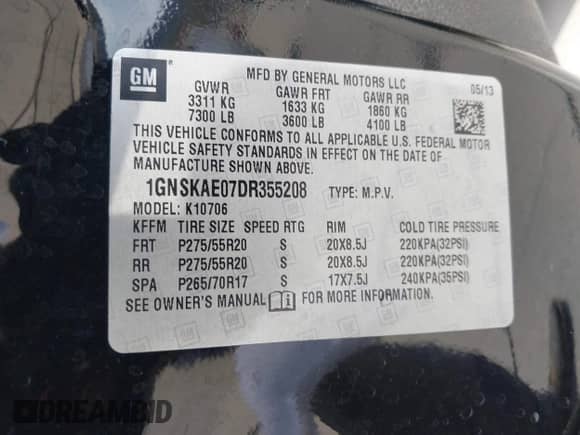 2013 Chevrolet Tahoe LS with VIN 1GNSKAE07DR355208, listed as a IAAI auction lot 42095090 with 159,409 mi miles and . Bid and sale history available at DreamBid. Image 9.