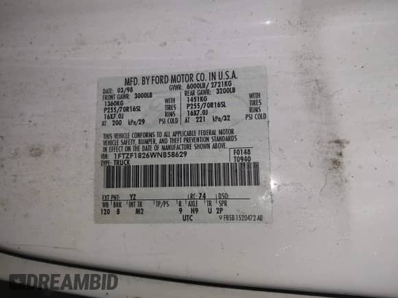 1998 Ford F-150 с VIN 1FTZF1826WNB58629, выставлен на аукционе IAAI как лот 43214816 с пробегом 169 574 миль миль и . История ставок и продаж доступна на DreamBid. Изображение 9.