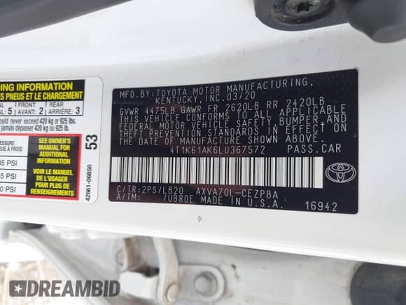 2020 Toyota Camry XSE z VIN 4T1K61AK6LU367572, wystawiony jako IAAI lot #43415552 z przebiegiem 99 436 mil mil oraz . Historia ofert i sprzedaży dostępna na DreamBid. Obrazek 9.