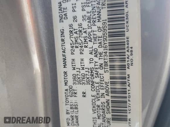 2000 Toyota Tundra SR5 z VIN 5TBRT3416YS059591, wystawiony jako Copart lot #81468695 z przebiegiem 286 375 mil mil oraz Szkoda całkowita • Salvage title. Historia ofert i sprzedaży dostępna na DreamBid. Obrazek 12.