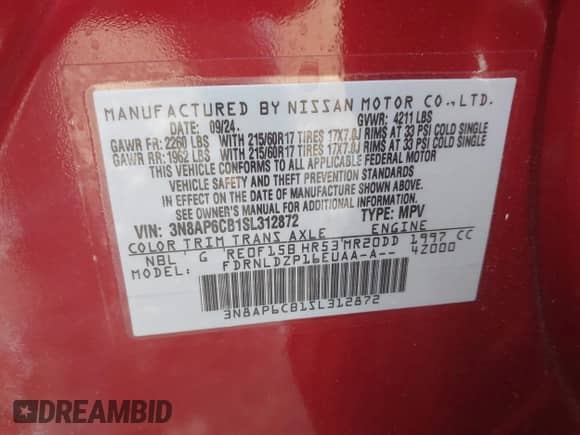 2025 Nissan Kicks SV with VIN 3N8AP6CB1SL312872, listed as a IAAI auction lot 41685390 with 1,889 mi miles and . Bid and sale history available at DreamBid. Image 9.