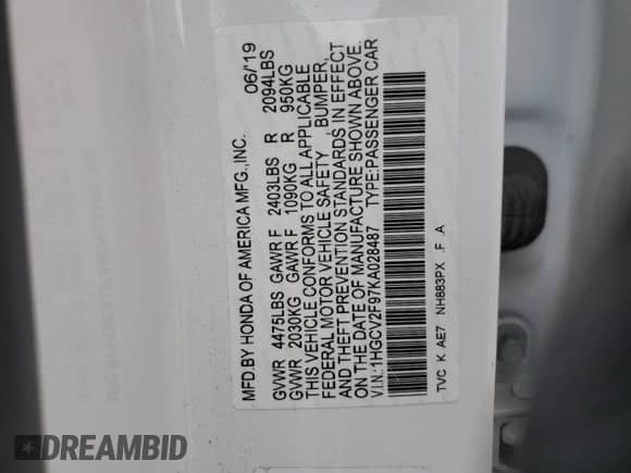 2019 Honda Accord Touring with VIN 1HGCV2F97KA028487, listed as a Copart auction lot 55420915 with 69,448 mi miles and Clean title. Bid and sale history available at DreamBid. Image 12.