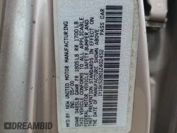 2001 Chevrolet Prizm с VIN 1Y1SK52801Z402452, выставлен на аукционе Copart как лот 65046695 с пробегом 210 746 миль миль и Списание • Salvage title. История ставок и продаж доступна на DreamBid. Изображение 12.