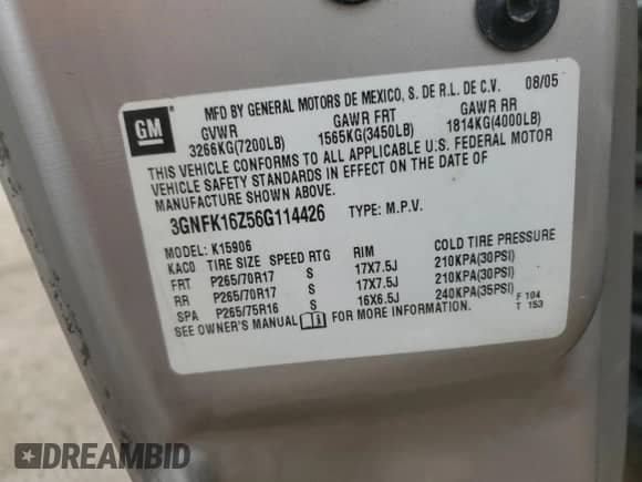 2006 Chevrolet Suburban LS z VIN 3GNFK16Z56G114426, wystawiony jako Copart lot #64794775 z przebiegiem Nie podano mil oraz Szkoda całkowita • Salvage title. Historia ofert i sprzedaży dostępna na DreamBid. Obrazek 13.