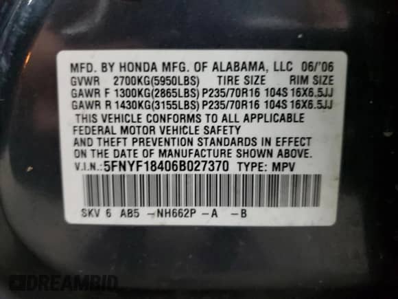 2006 Honda Pilot EX с VIN 5FNYF18406B027370, выставлен на аукционе Copart как лот 45458475 с пробегом 200 609 миль миль и Чистый • Clean title. История ставок и продаж доступна на DreamBid. Изображение 13.