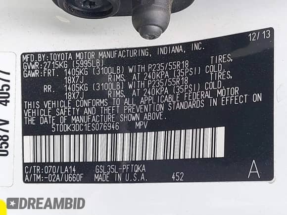 2014 Toyota Sienna Limited с VIN 5TDDK3DC1ES076946, выставлен на аукционе IAAI как лот 42563258 с пробегом 85 197 миль миль и . История ставок и продаж доступна на DreamBid. Изображение 9.