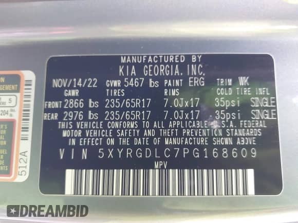 2023 Kia Sorento LX with VIN 5XYRGDLC7PG168609, listed as a IAAI auction lot 42893738 with 32,559 mi miles and . Bid and sale history available at DreamBid. Image 9.