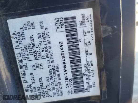 1994 Ford F-150 z VIN 1FTEF14N6RLB27492, wystawiony jako Copart lot #58404915 z przebiegiem 162 162 mil mil oraz Szkoda całkowita • Salvage title. Historia ofert i sprzedaży dostępna na DreamBid. Obrazek 12.