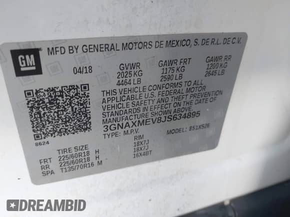 2018 Chevrolet Equinox Premier with VIN 3GNAXMEV8JS634895, listed as a IAAI auction lot 43076870 with 129,376 mi miles and . Bid and sale history available at DreamBid. Image 9.