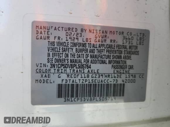 2023 Nissan Kicks SR with VIN 3N1CP5DV8PL505764, listed as a Copart auction lot 71995125 with 36,788 mi miles and Salvage title. Bid and sale history available at DreamBid. Image 13.