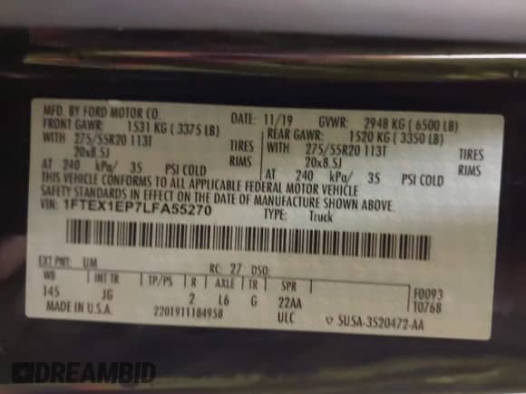 2020 Ford F-150 XL with VIN 1FTEX1EP7LFA55270, listed as a IAAI auction lot 41395779 with 68,816 mi miles and . Bid and sale history available at DreamBid. Image 9.