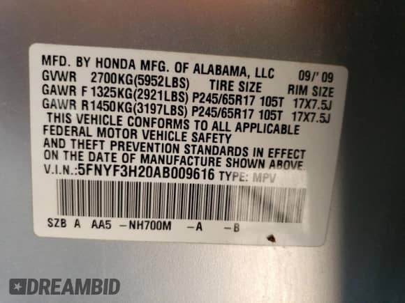 2010 Honda Pilot LX with VIN 5FNYF3H20AB009616, listed as a Copart auction lot 67244495 with 153,903 mi miles and Salvage title. Bid and sale history available at DreamBid. Image 13.