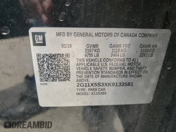2019 Chevrolet Impala LS z VIN 2G11X5S3XK9133581, wystawiony jako Copart lot #56278465 z przebiegiem 50 373 mil mil oraz Nie do naprawy • Non repairable. Historia ofert i sprzedaży dostępna na DreamBid. Obrazek 12.