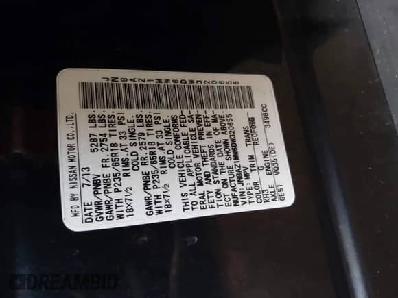 2013 Nissan Murano SV with VIN JN8AZ1MW6DW320655, listed as a IAAI auction lot 42087494 with 115,830 mi miles and . Bid and sale history available at DreamBid. Image 9.