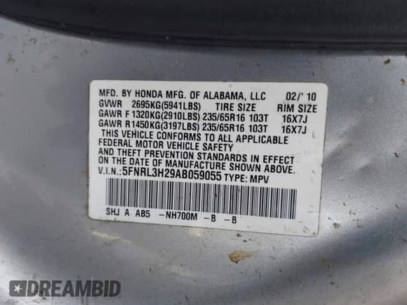 2010 Honda Odyssey LX с VIN 5FNRL3H29AB059055, выставлен на аукционе IAAI как лот 42695148 с пробегом 119 441 миль миль и . История ставок и продаж доступна на DreamBid. Изображение 9.