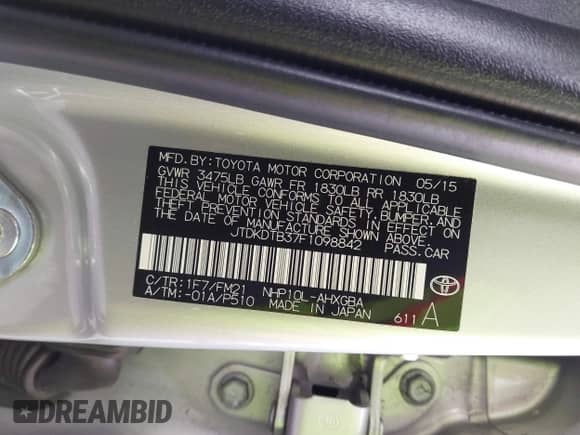 2015 Toyota Prius One z VIN JTDKDTB37F1098842, wystawiony jako IAAI lot #42599025 z przebiegiem 87 264 mil mil oraz . Historia ofert i sprzedaży dostępna na DreamBid. Obrazek 9.