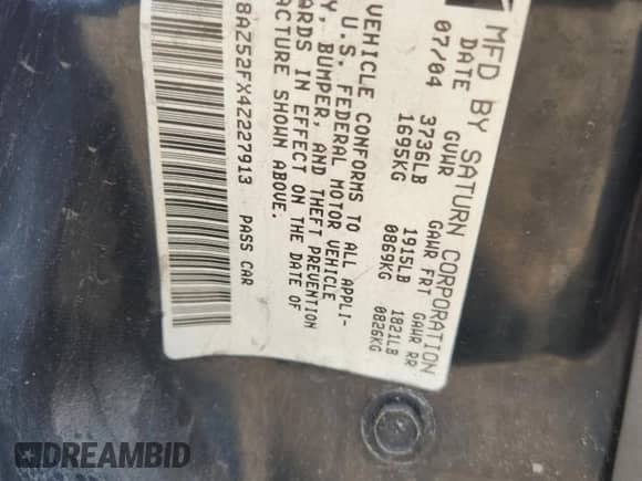 2004 Saturn ION ION 2 с VIN 1G8AZ52FX4Z227913, выставлен на аукционе Copart как лот 71815225 с пробегом 125 235 миль миль и Списание • Salvage title. История ставок и продаж доступна на DreamBid. Изображение 12.