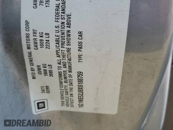 1999 Chevrolet Malibu LS с VIN 1G1NE52J8X6188759, выставлен на аукционе Copart как лот 70604955 с пробегом Не указан миль и Чистый • Clean title. История ставок и продаж доступна на DreamBid. Изображение 12.